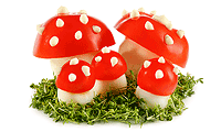 Fliegen Pilze aus Tomaten und Ei